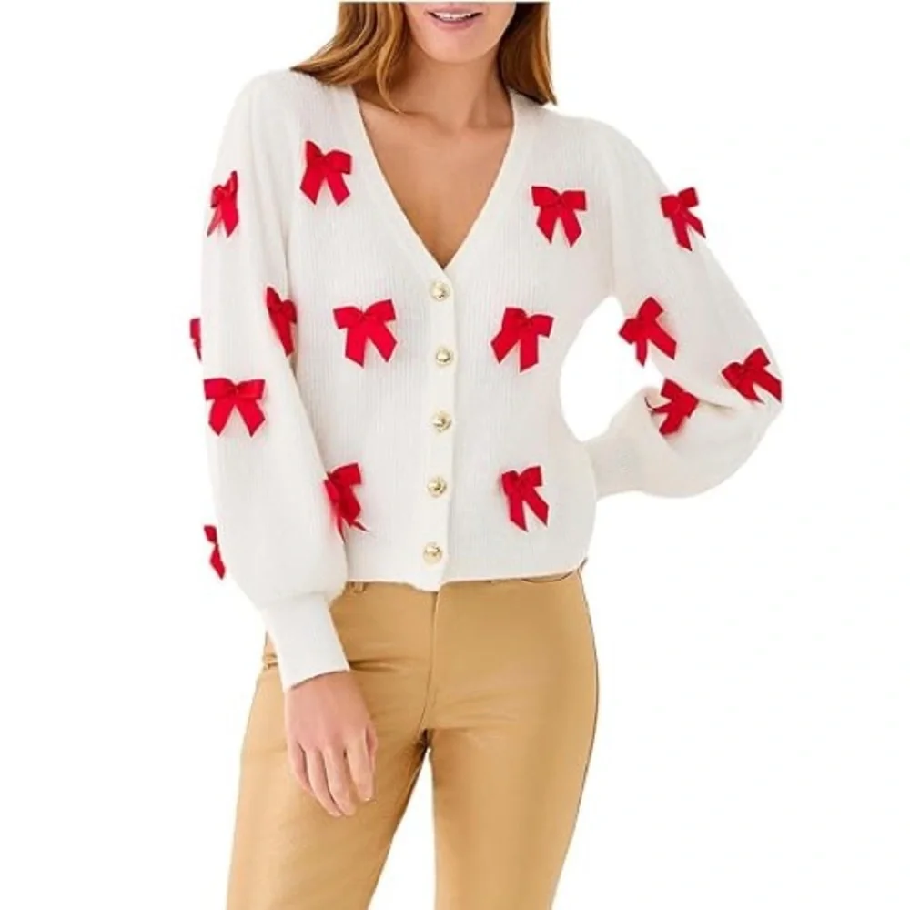 Lilly Pulitzer Zarie Cardigan with Red Bows sz L - Picture 8 of 8